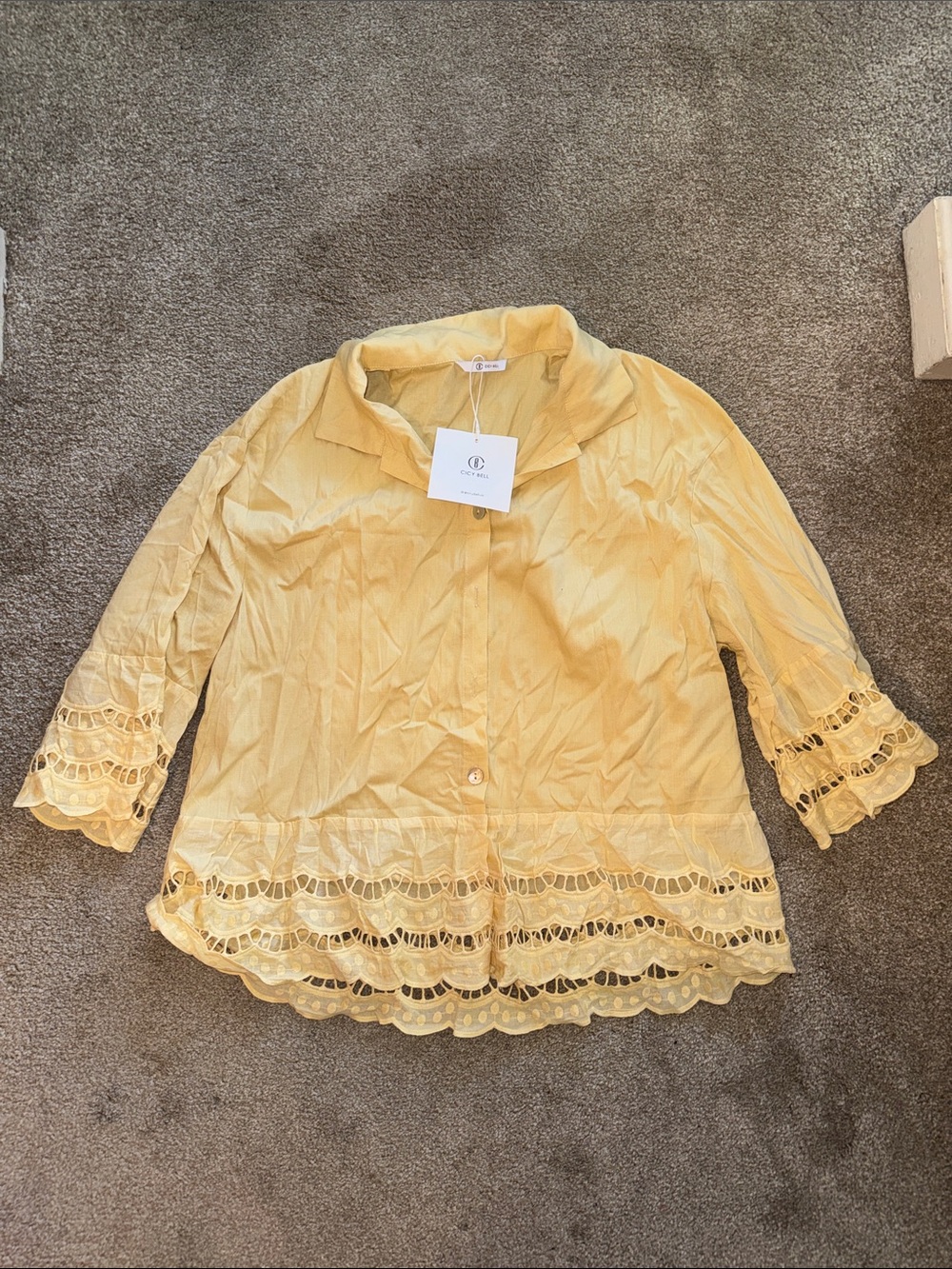 Sunshine Yellow Eyelet-Trim Button Front Blouse